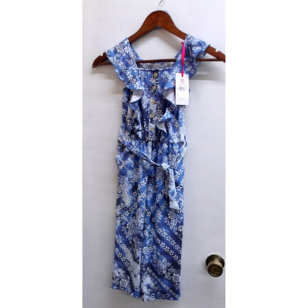 Justice Girls Blue White Floral Ruffle Jumpsuit Tie Waist Size XS 5/6  #2698‎